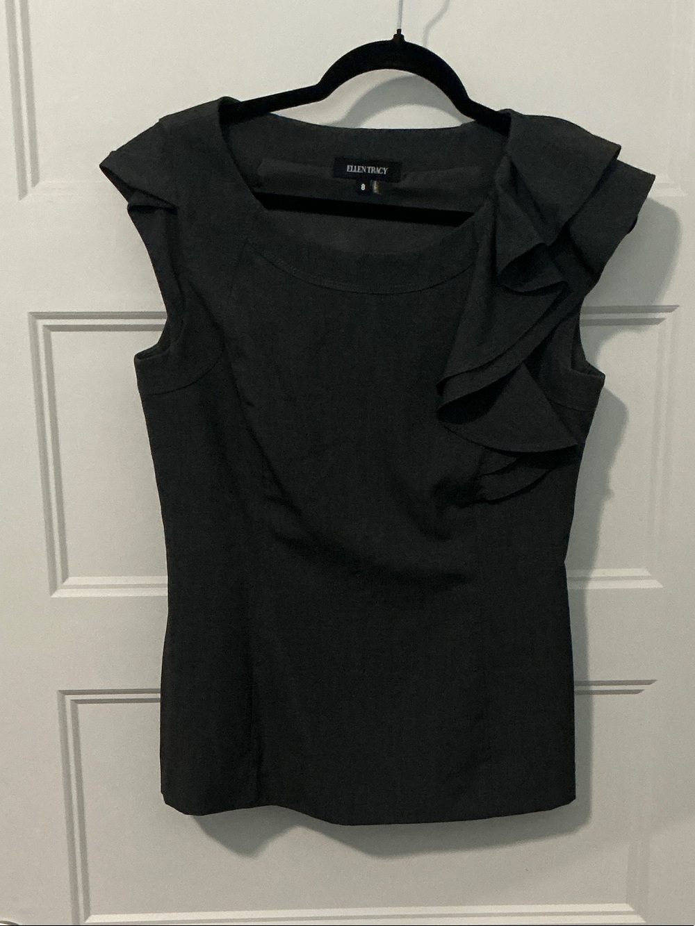 Ellen Tracy Black Ruffle Cap-Sleeve Shell